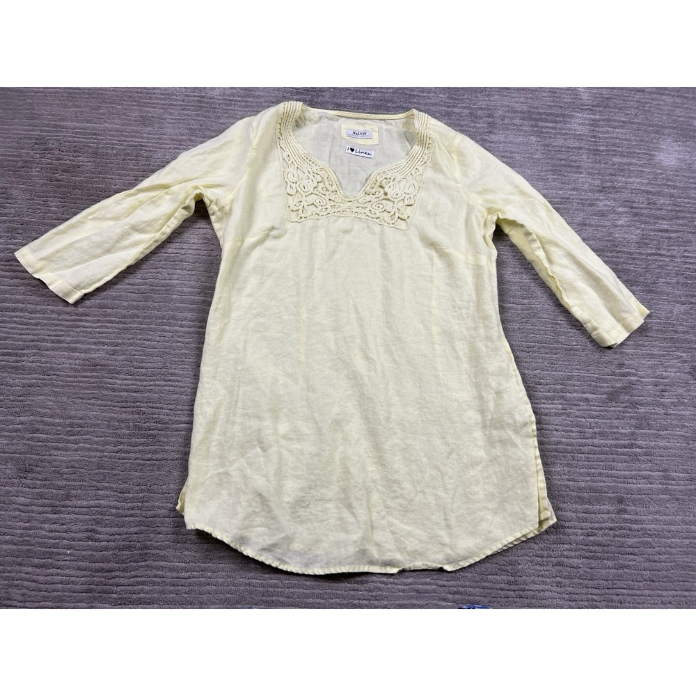 Malvin Hamburg Germany Top Womens Large Yellow 100% Linen 3/4 Sleeve Embroidered